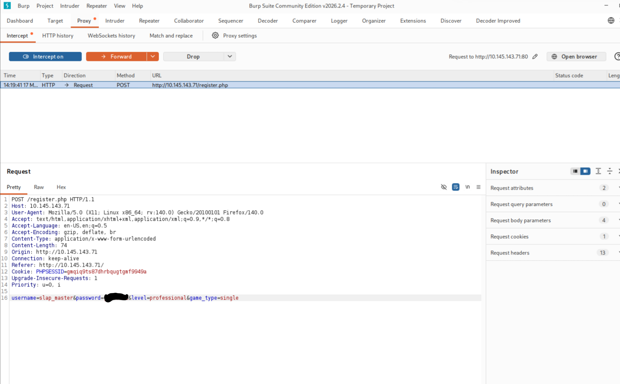 Burp intercept of registration POST request showing plaintext password